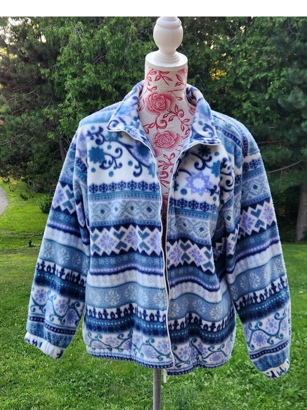 Alfred Dunner Blue & White Patterned Teddy Fleece Jacket